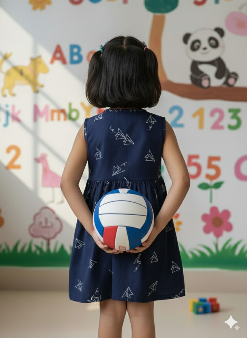 Navy Paper Plane Printed Girls Frock