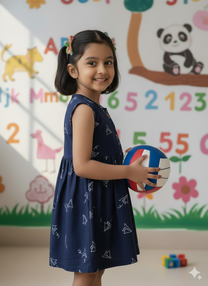 Navy Paper Plane Printed Girls Frock