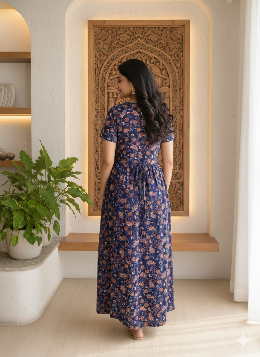 Zipless Feeding Maternity Wear without Puff Sleeve Navy Rangoli