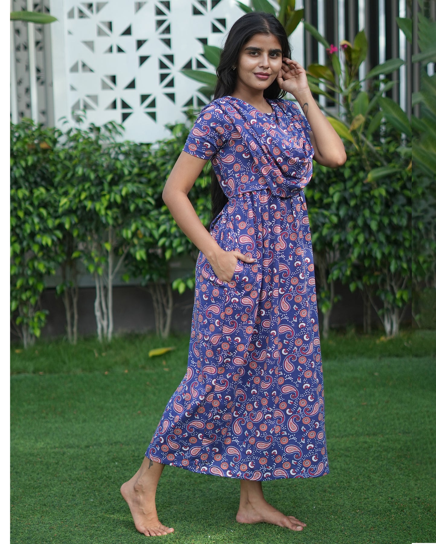 Navy Rangoli Feeding maxi with shawl