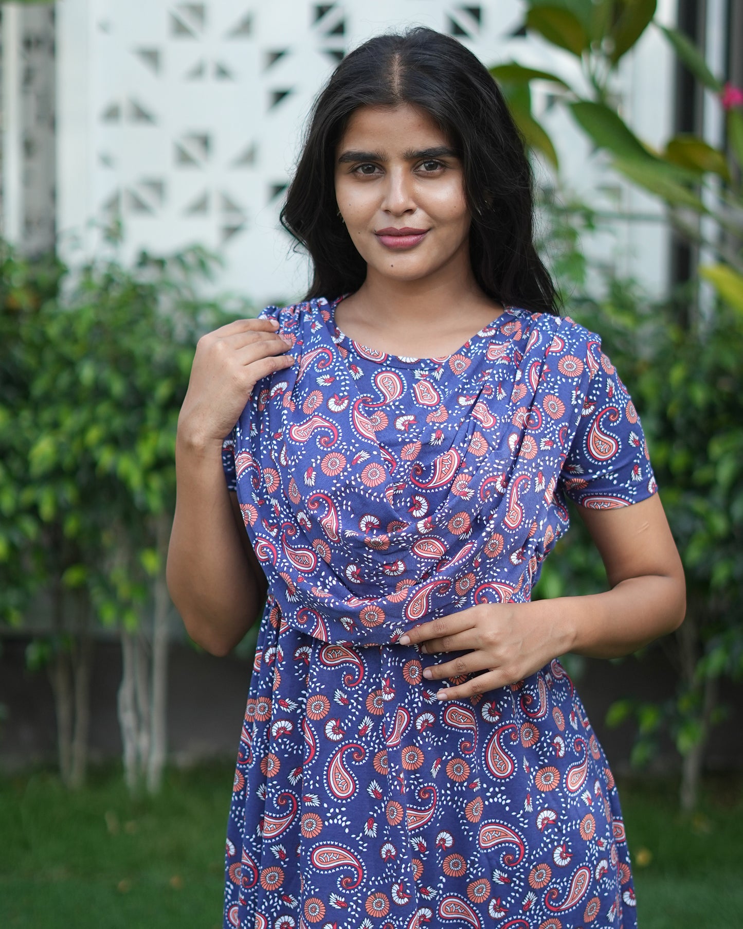 Navy Rangoli Feeding maxi with shawl