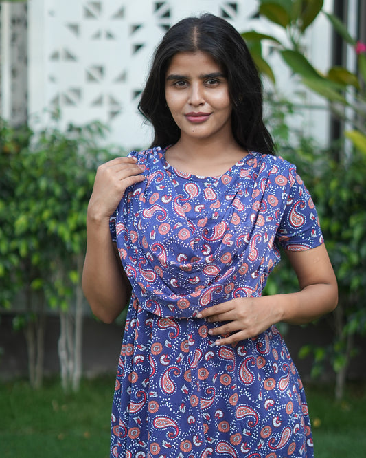 Navy Rangoli Feeding maxi with shawl