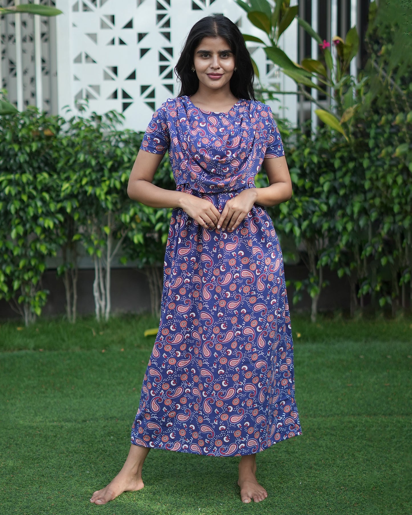 Navy Rangoli Feeding maxi with shawl