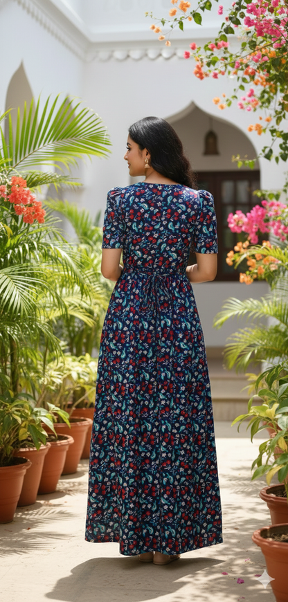 Zipless Feeding Maternity Gown Navy red Floral- Puff sleeve 52 inches