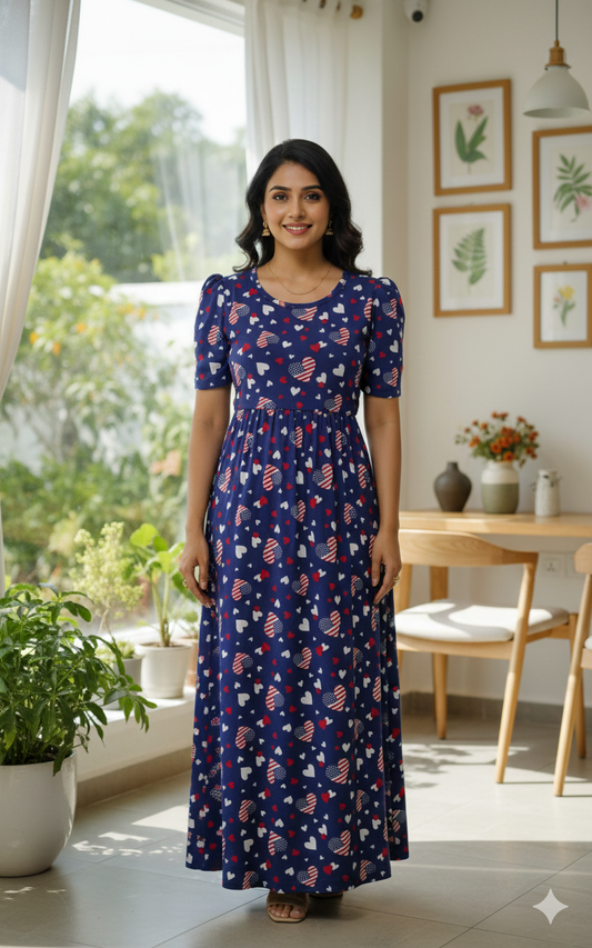 Zipless Feeding Maternity Gown Navy us- Puff sleeve 52 inches