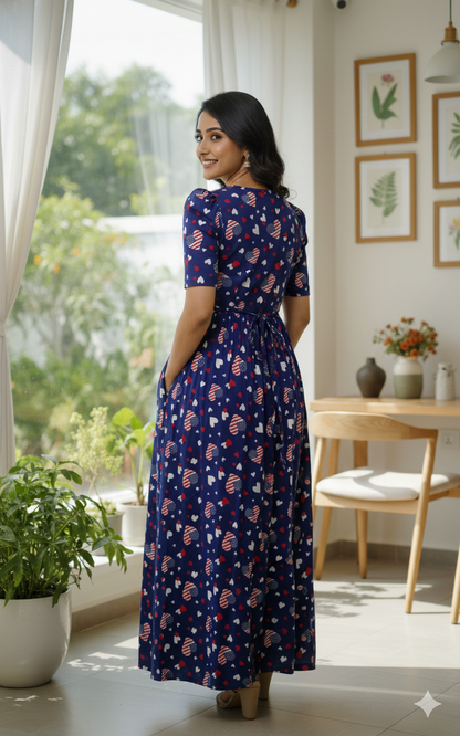 Zipless Feeding Maternity Gown Navy us- Puff sleeve 52 inches