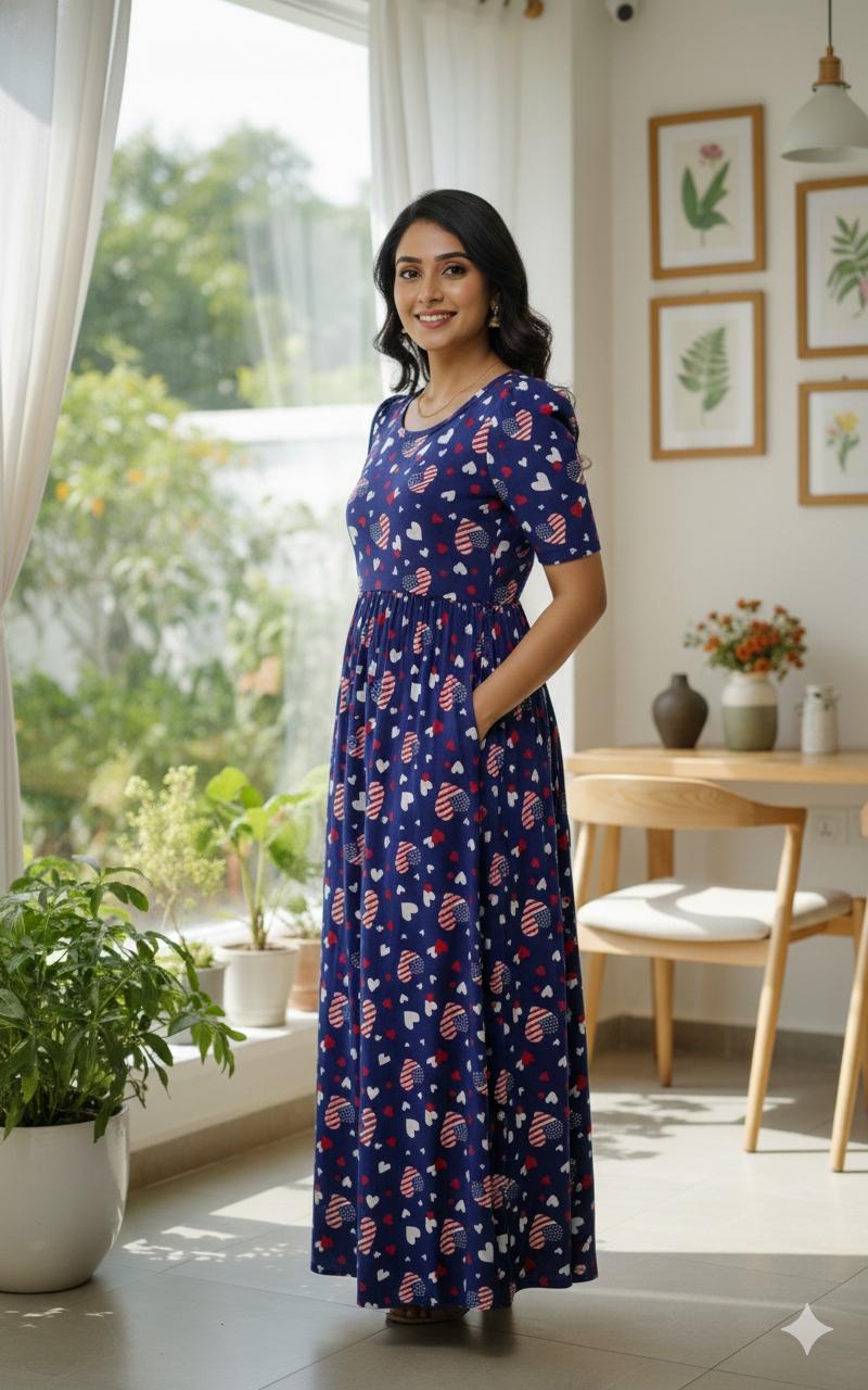 Zipless Feeding Maternity Gown Navy us- Puff sleeve 52 inches