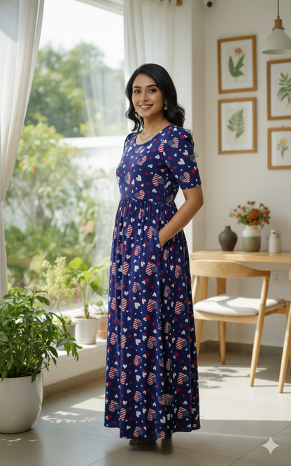 Zipless Feeding Maternity Gown Navy us- Puff sleeve 52 inches