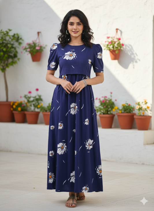 Zipless Feeding Maternity Gown Navy White Floral- Puff sleeve 52 inches