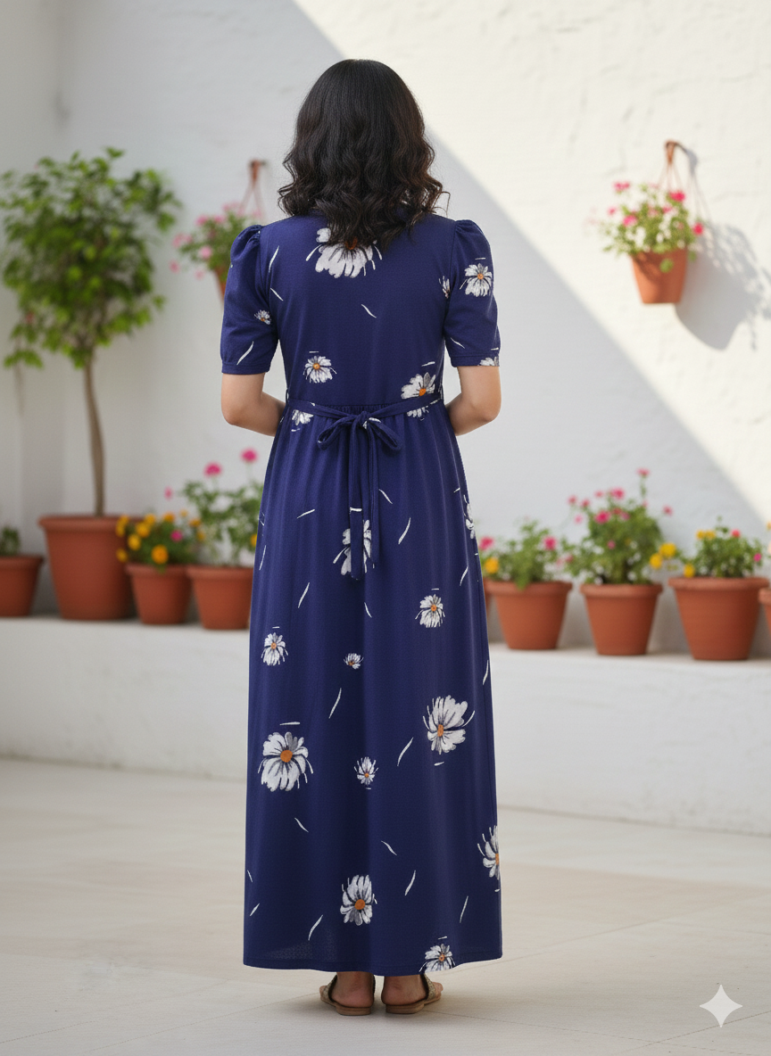 Zipless Feeding Maternity Gown Navy White Floral- Puff sleeve 52 inches