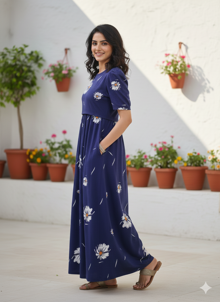 Zipless Feeding Maternity Gown Navy White Floral- Puff sleeve 52 inches