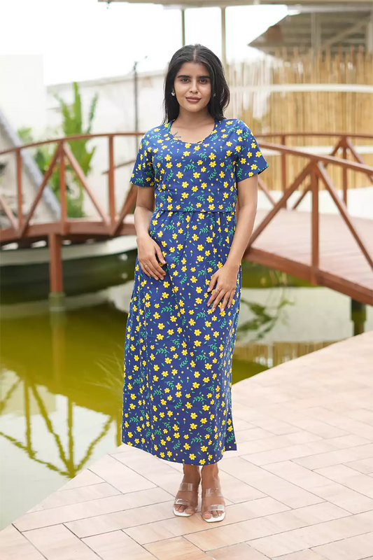 Zipless Feeding Maternity Wear without Puff Sleeve Navy Yellow