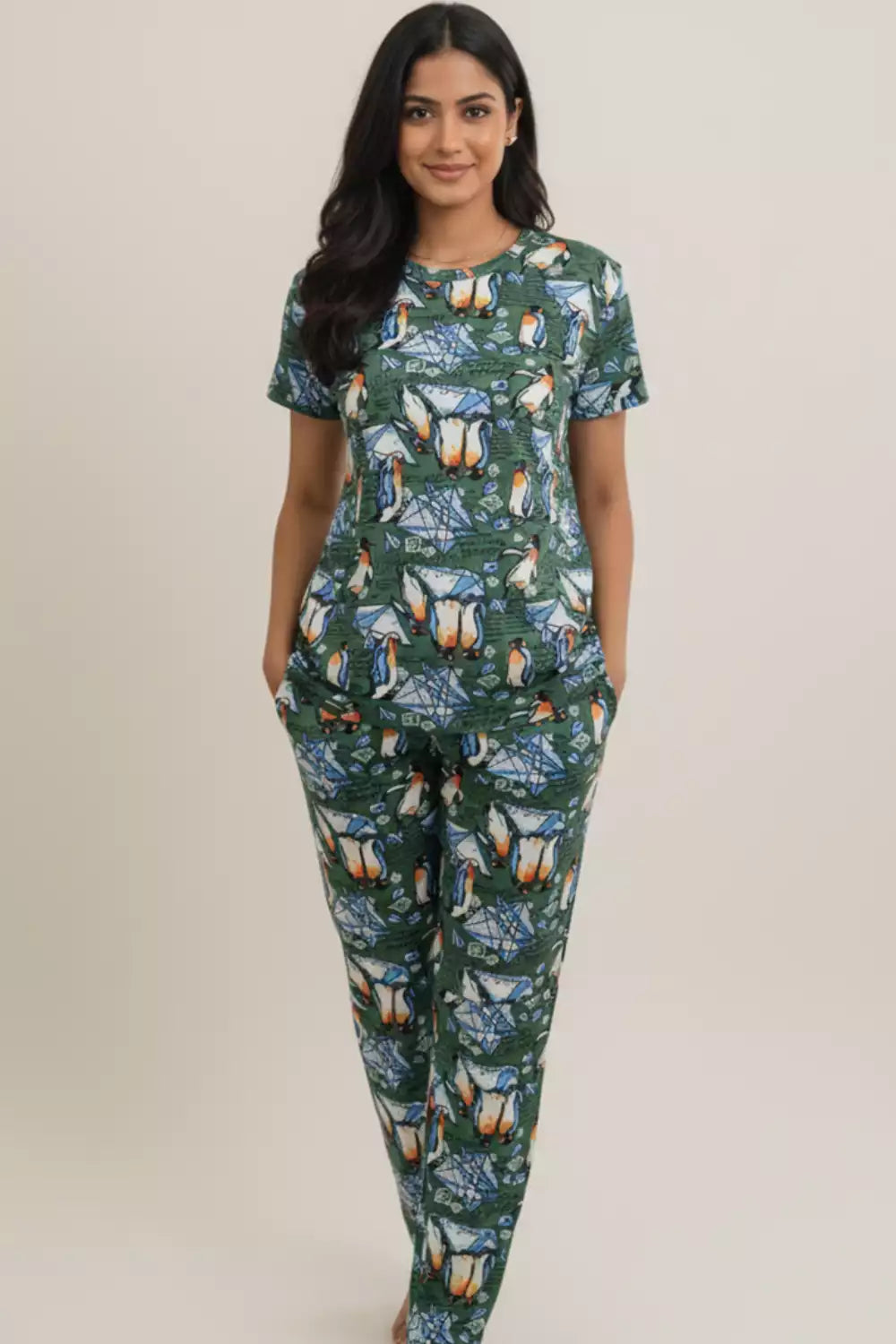 Pyjama Co-Ords Olive Penguin