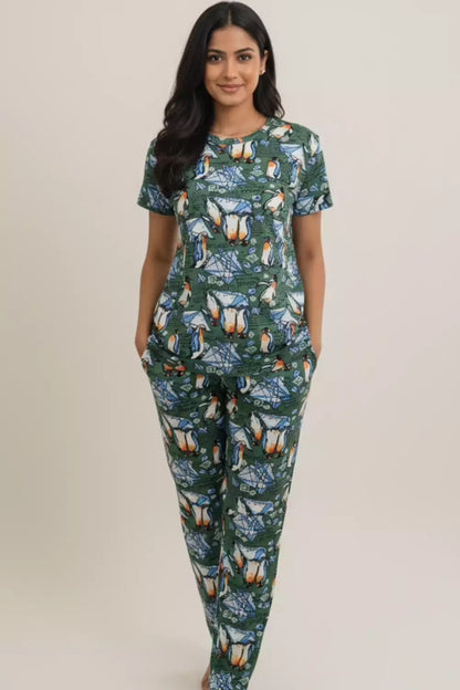 Pyjama Co-Ords Olive Penguin
