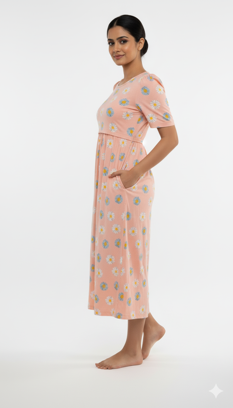 Capri Feeding Wear with Puff Sleeve Orange Daisy
