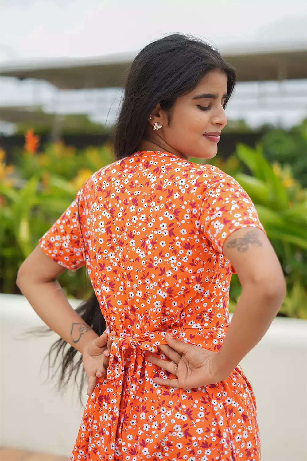 Zipless Feeding Maternity Wear without Puff Sleeve Orange White