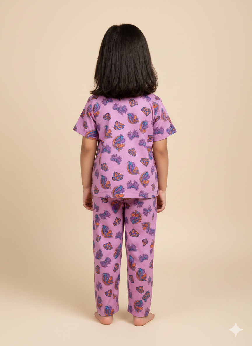 Kids All over printed night suit pack of 3 Pale Pink Silver Drop & navy space