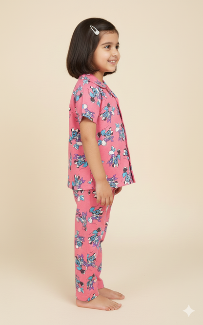 Kids All over printed night suit pack of 3 Pale red mickey, Choco heart & Green Tulip