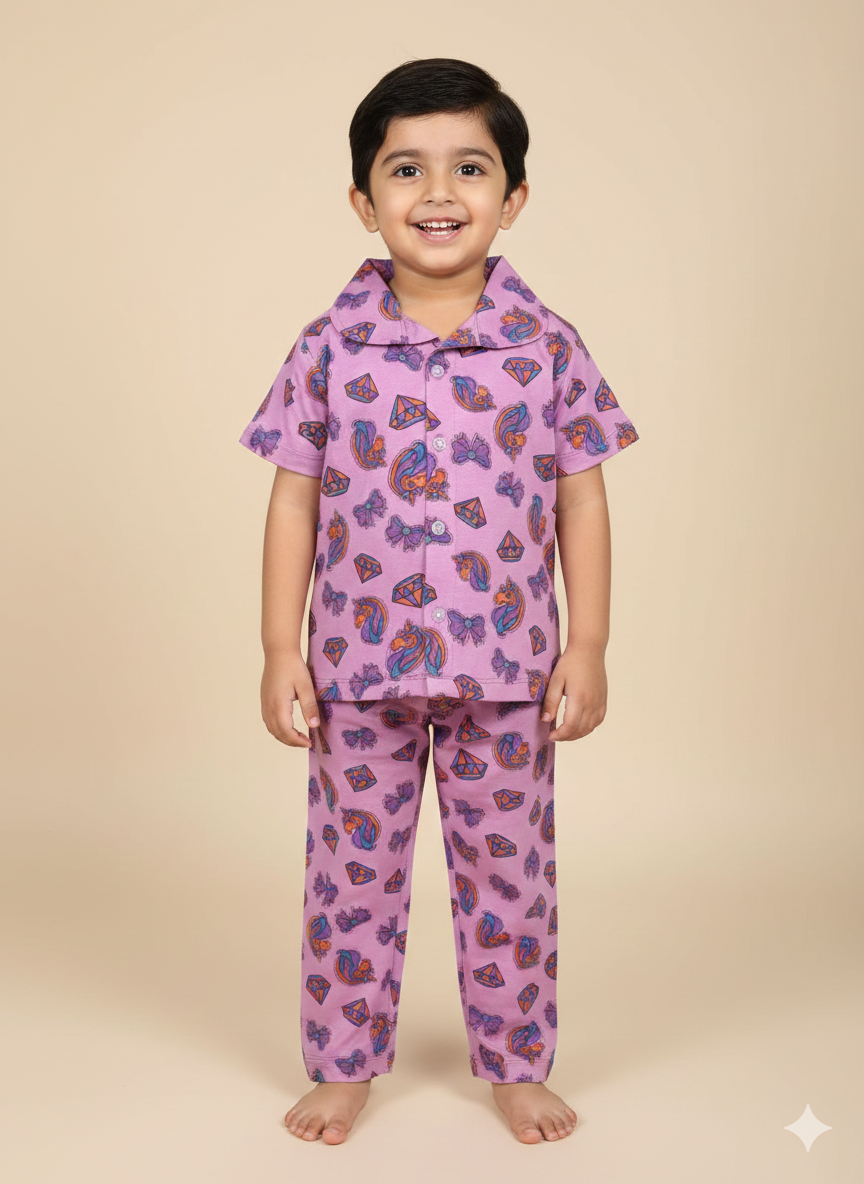 Pale Pink Unicorn Printed Kids Night suit