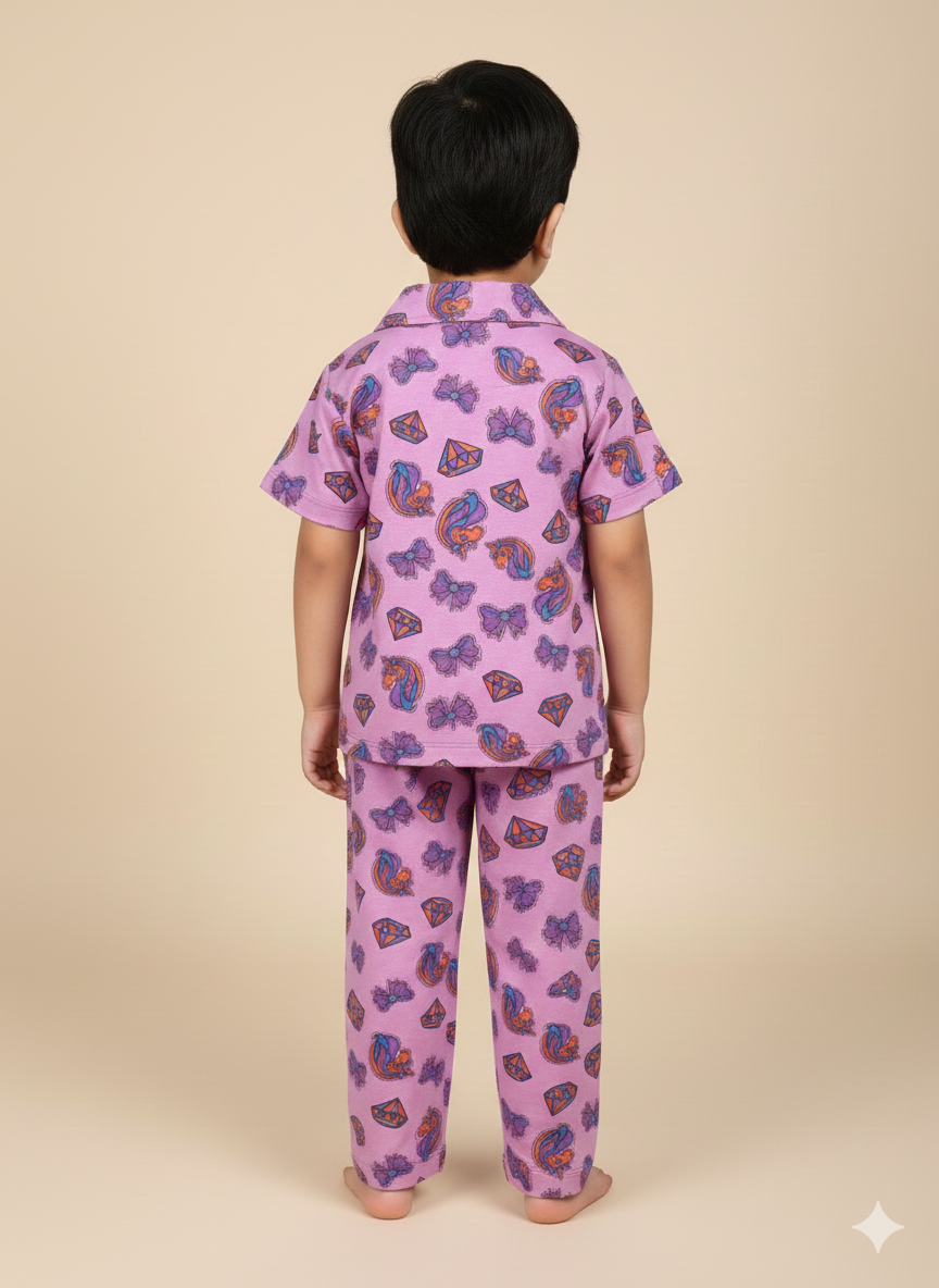 Pale Pink Unicorn Printed Kids Night suit