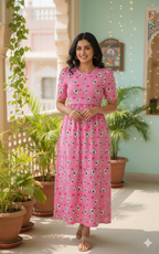 Zipless Feeding Maternity Gown Pink Avocado- Puff sleeve 52 inches