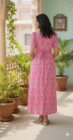 Zipless Feeding Maternity Gown Pink Avocado- Puff sleeve 52 inches