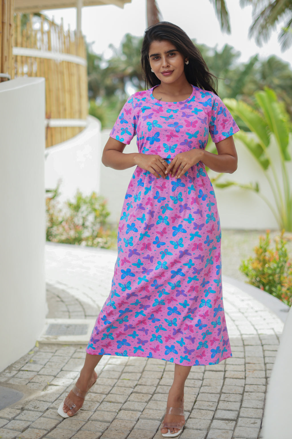 Zipless Feeding Maternity Wear without Puff Sleeve Pink Butterfly