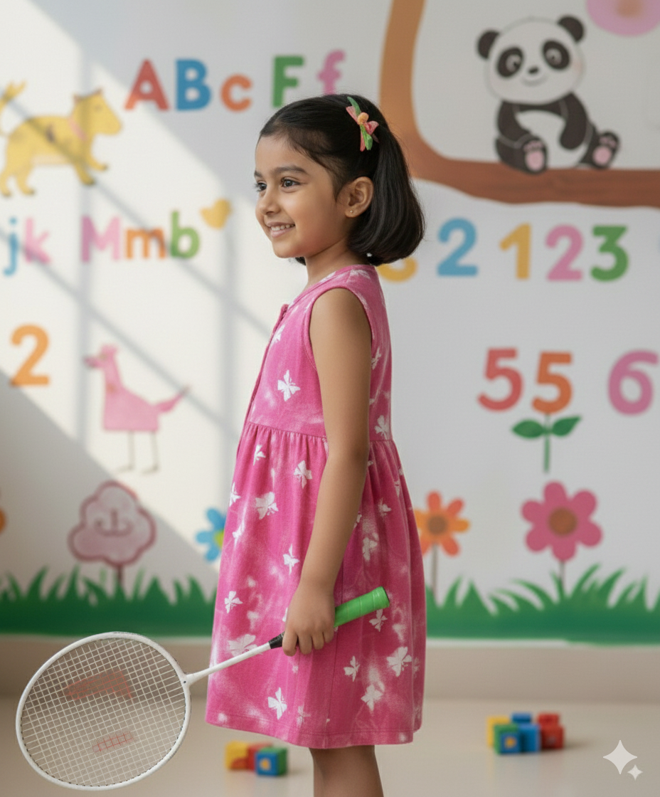 Girls Cute Printed Frocks Combo of 3 Navy orange, Butterfly pink Red Mickey