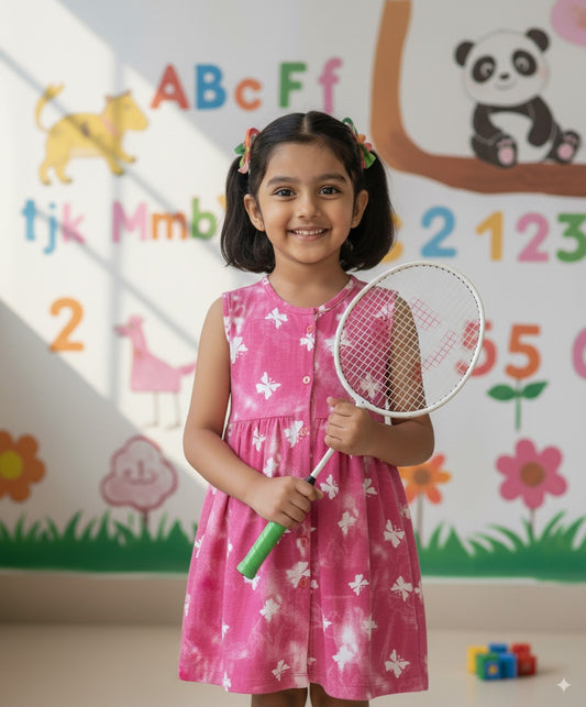 Pink Butterfly Printed Girls Frock