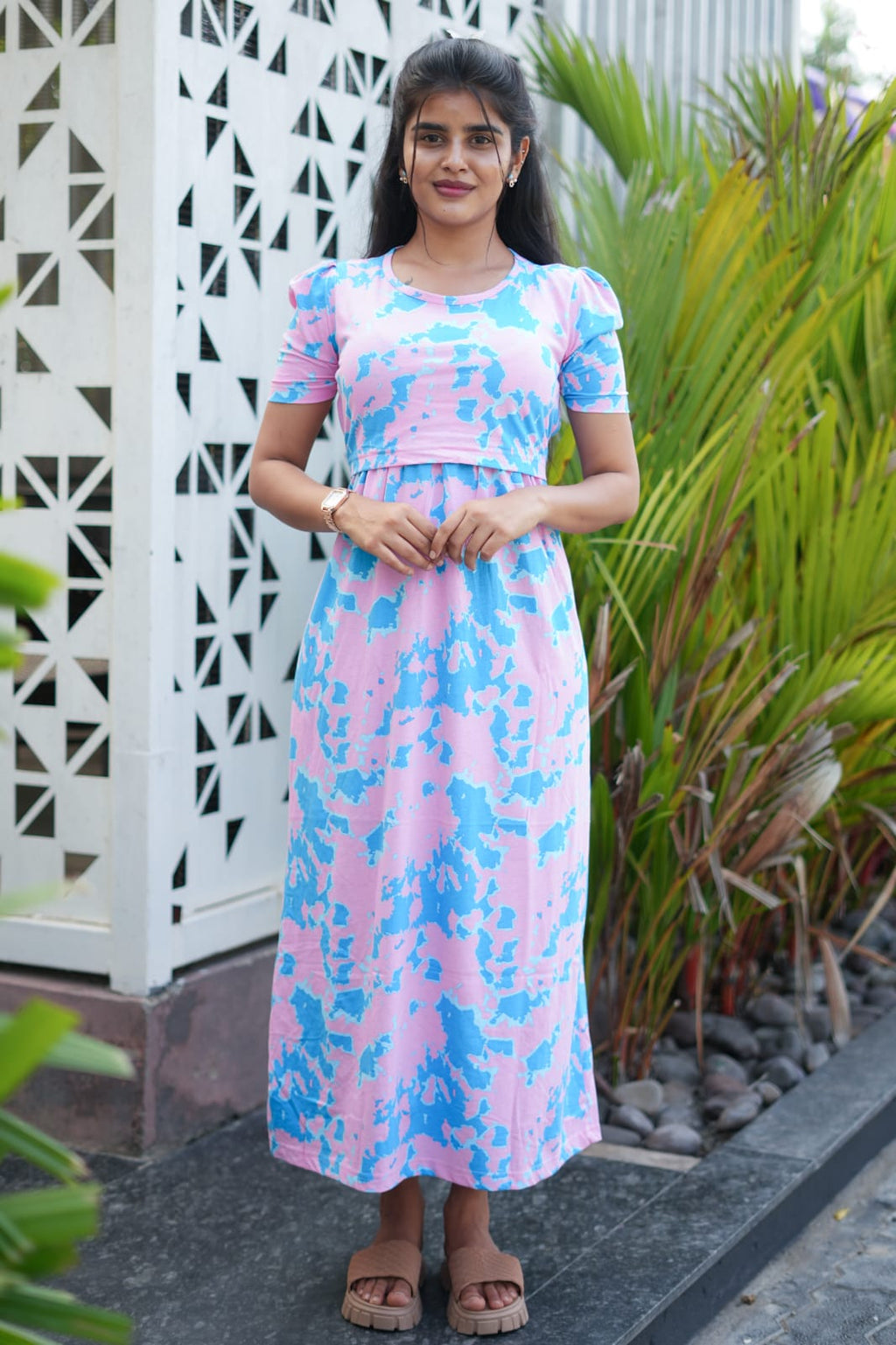 Zipless Feeding Maternity Wear with Puff Sleeve Pink Blue Dye