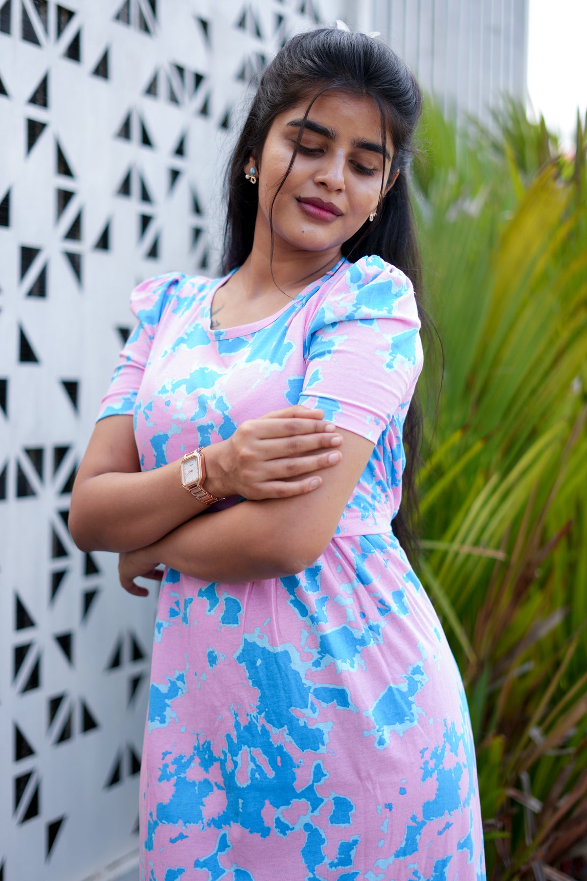 Zipless Feeding Maternity Wear with Puff Sleeve Pink Blue Dye
