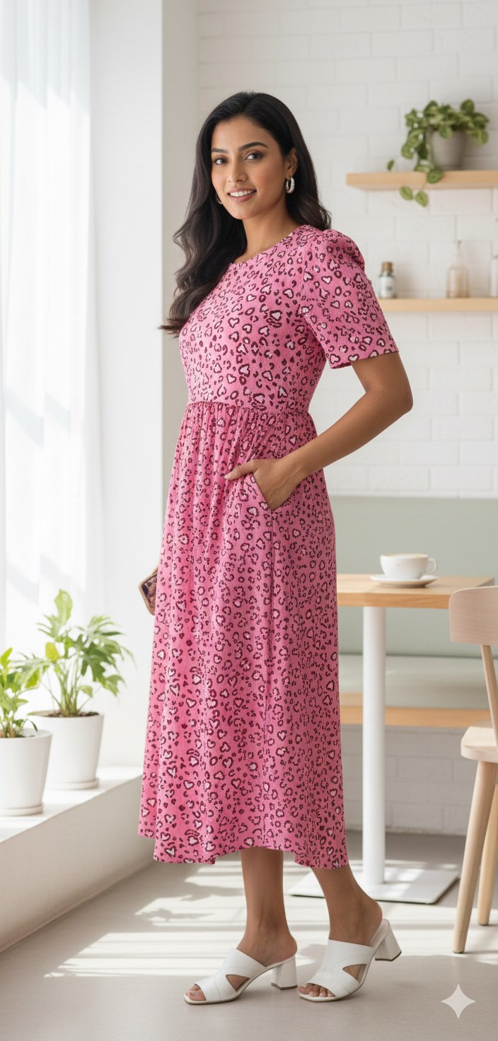 Capri Feeding Wear with Puff Sleeve Pink White
