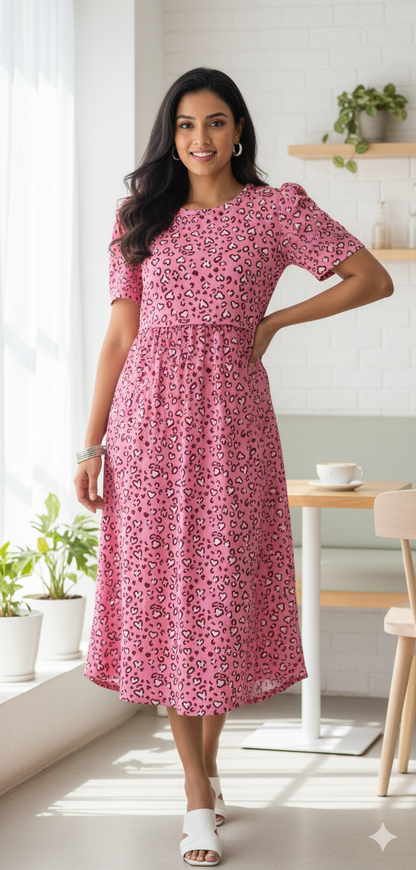 Capri Feeding Wear with Puff Sleeve Pink White