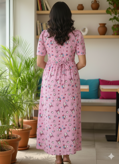 Women’s Printed Navy Fruits & Pink Kitty Printed Maxi Dress Combo