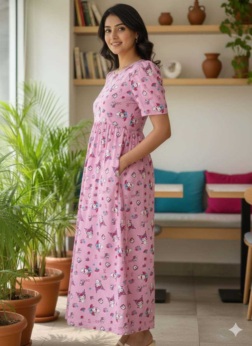 Women’s Printed Navy Fruits & Pink Kitty Printed Maxi Dress Combo