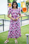 Zipless Feeding Maternity Wear with Puff Sleeve Pink Petals 49 inches