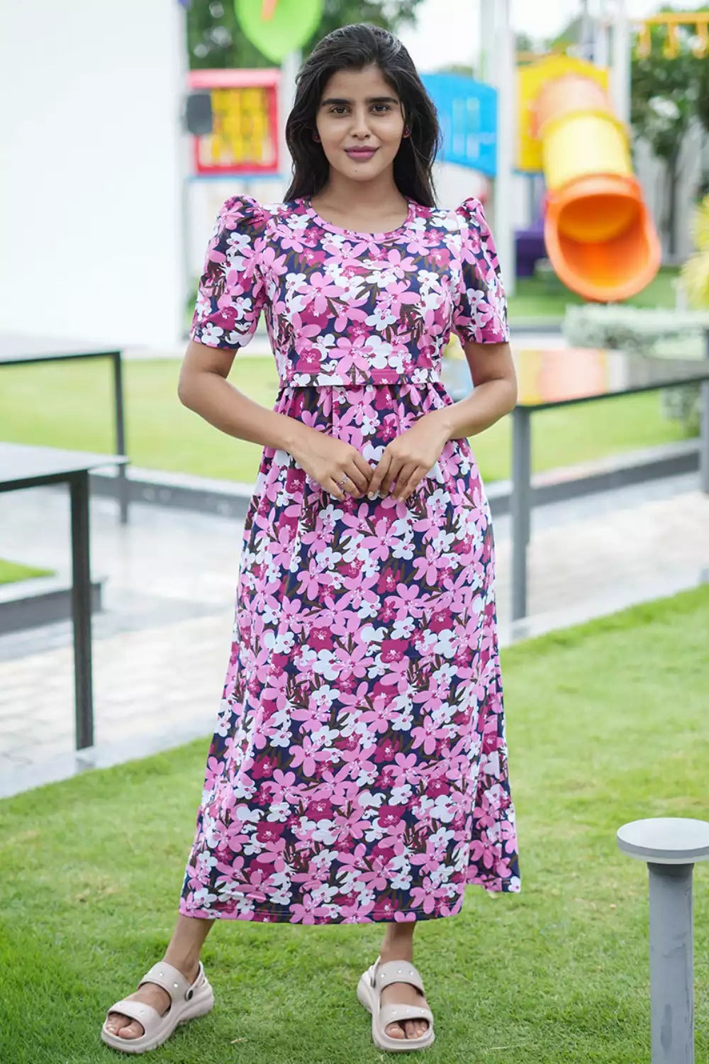 Zipless Feeding Maternity Wear with Puff Sleeve Pink Petals 49 inches