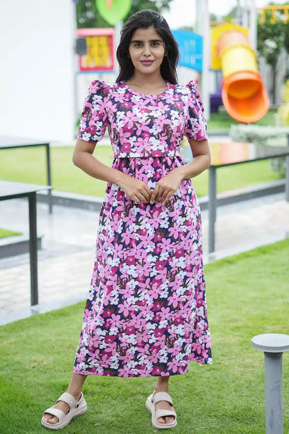 Zipless Feeding Maternity Wear with Puff Sleeve Pink Petals