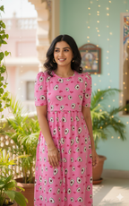 Zipless Feeding Maternity Gown Pink Avocado- Puff sleeve 52 inches