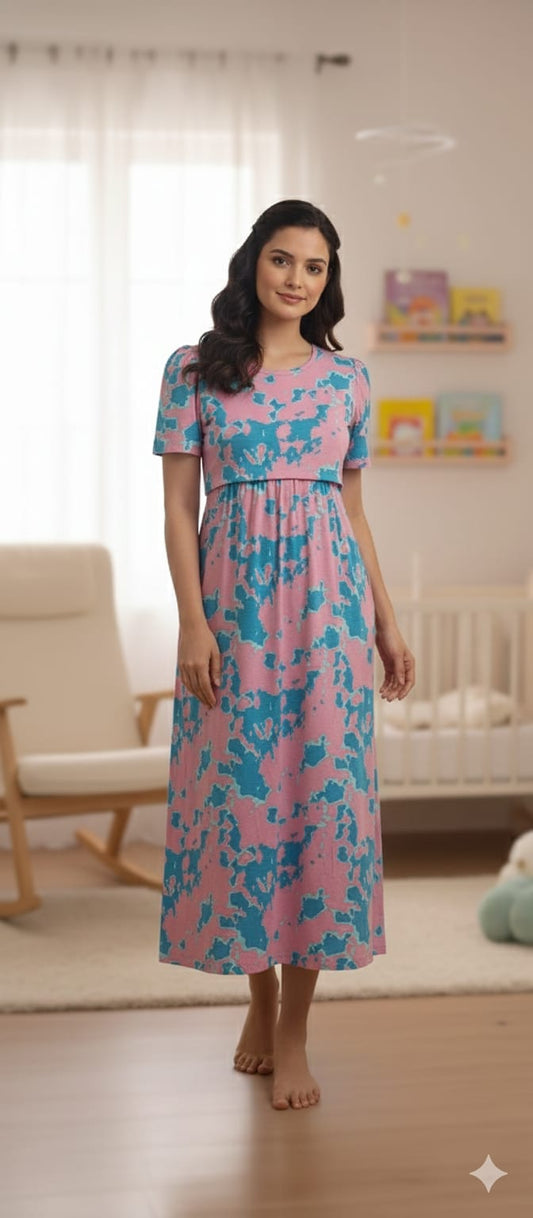 Zipless Feeding Maternity Wear with Puff Sleeve Pink Blue Dye