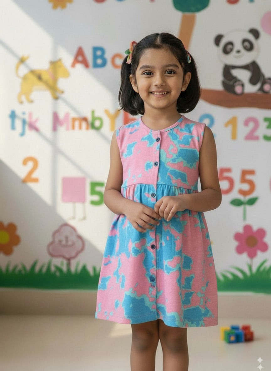 Girls Cute Printed Frocks Combo of 3 Pink Blue dye Blue Star Purple Big Heart