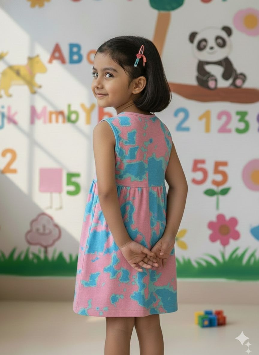 Girls Cute Printed Frocks Combo of 3 Pink Blue dye Blue Star Purple Big Heart
