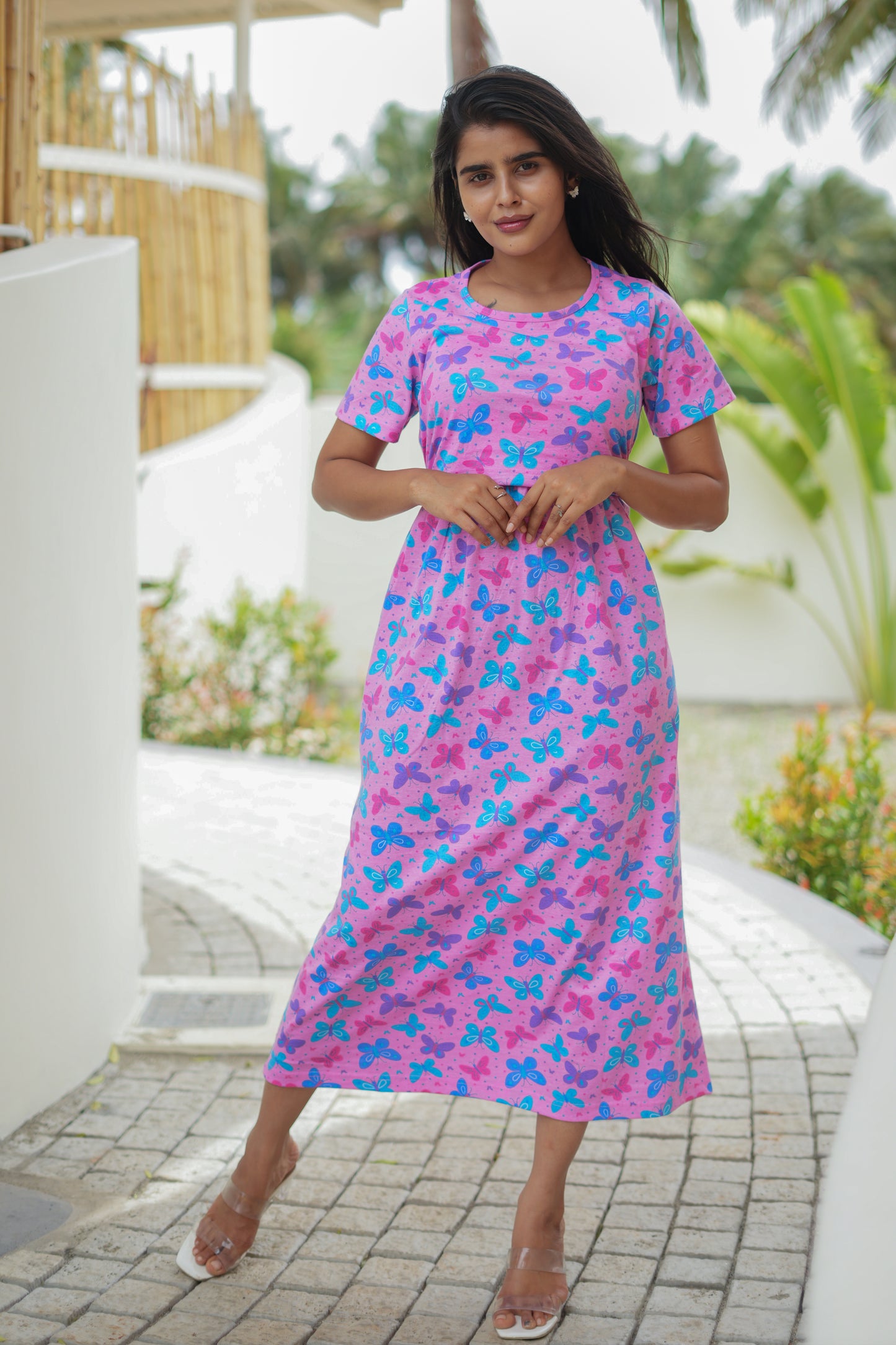 Feeding Wear with Puff Sleeve Pink Blue Butterfly 47 inches
