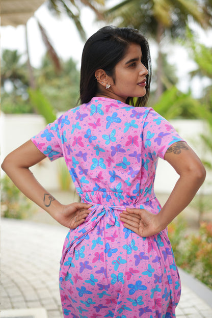 Feeding Wear with Puff Sleeve Pink Blue Butterfly 47 inches