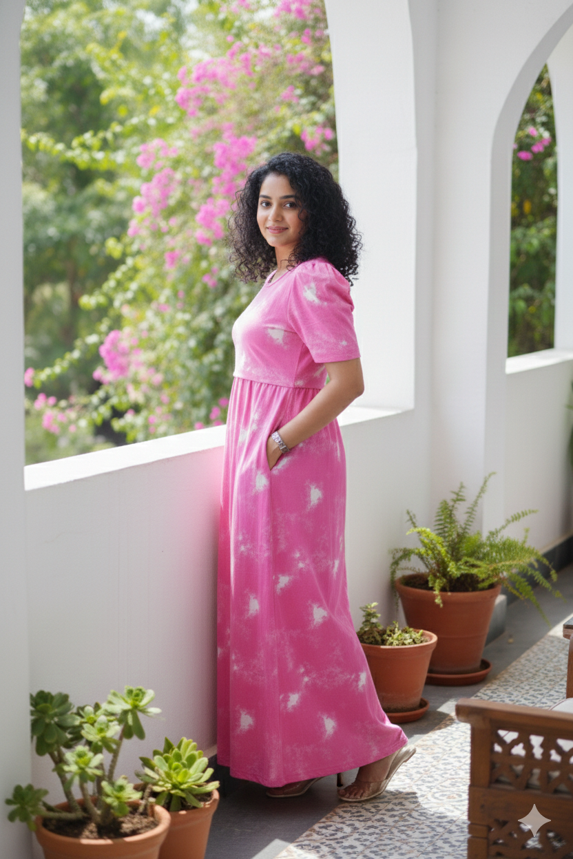 Zipless Feeding Maternity Gown Pink dyed- Puff sleeve 52 inches
