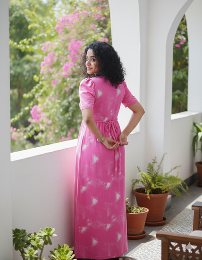 Zipless Feeding Maternity Gown Pink dyed- Puff sleeve 52 inches