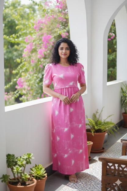 Zipless Feeding Maternity Gown Pink dyed- Puff sleeve 52 inches