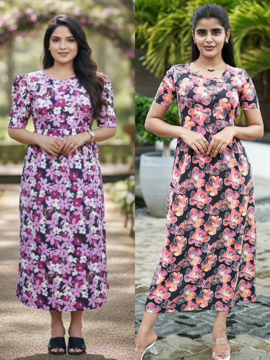 Women’s Printed Pink Petals & Black Brown Maxi Dress Combo