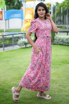 Zipless Feeding Maternity Wear with Puff Sleeve Pink Rangoli