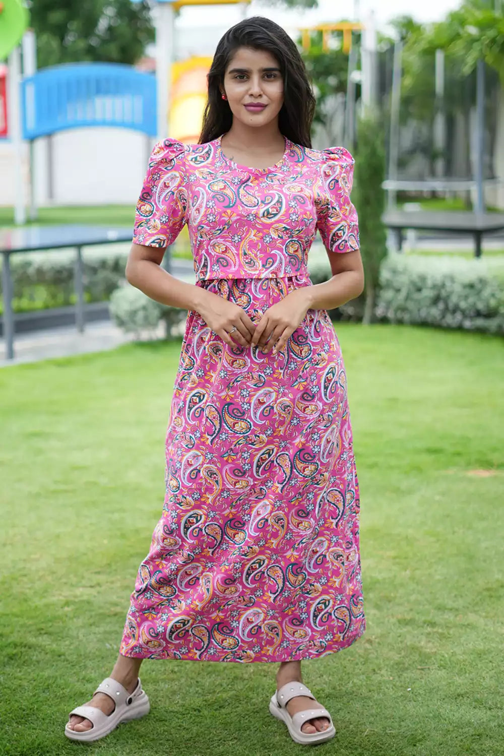 Zipless Feeding Maternity Wear with Puff Sleeve Pink Rangoli